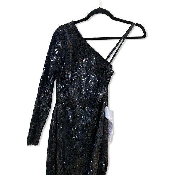 Mac Duggal 10788 SEQUINED ONE SLEEVE HIGH SLIT GOWN Black One-Shoulder Dress  2 - Picture 6 of 9